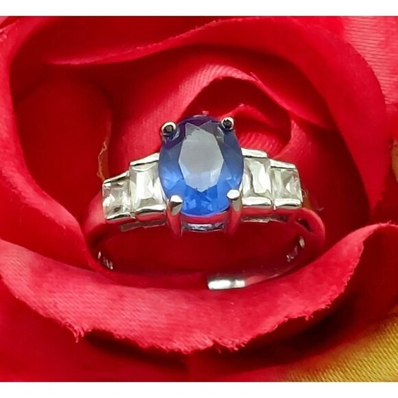 Sterling Silver Cocktail Ring FAS 925 Size 7 Baguette CZ & Blue Center Stone - Picture 6 of 10